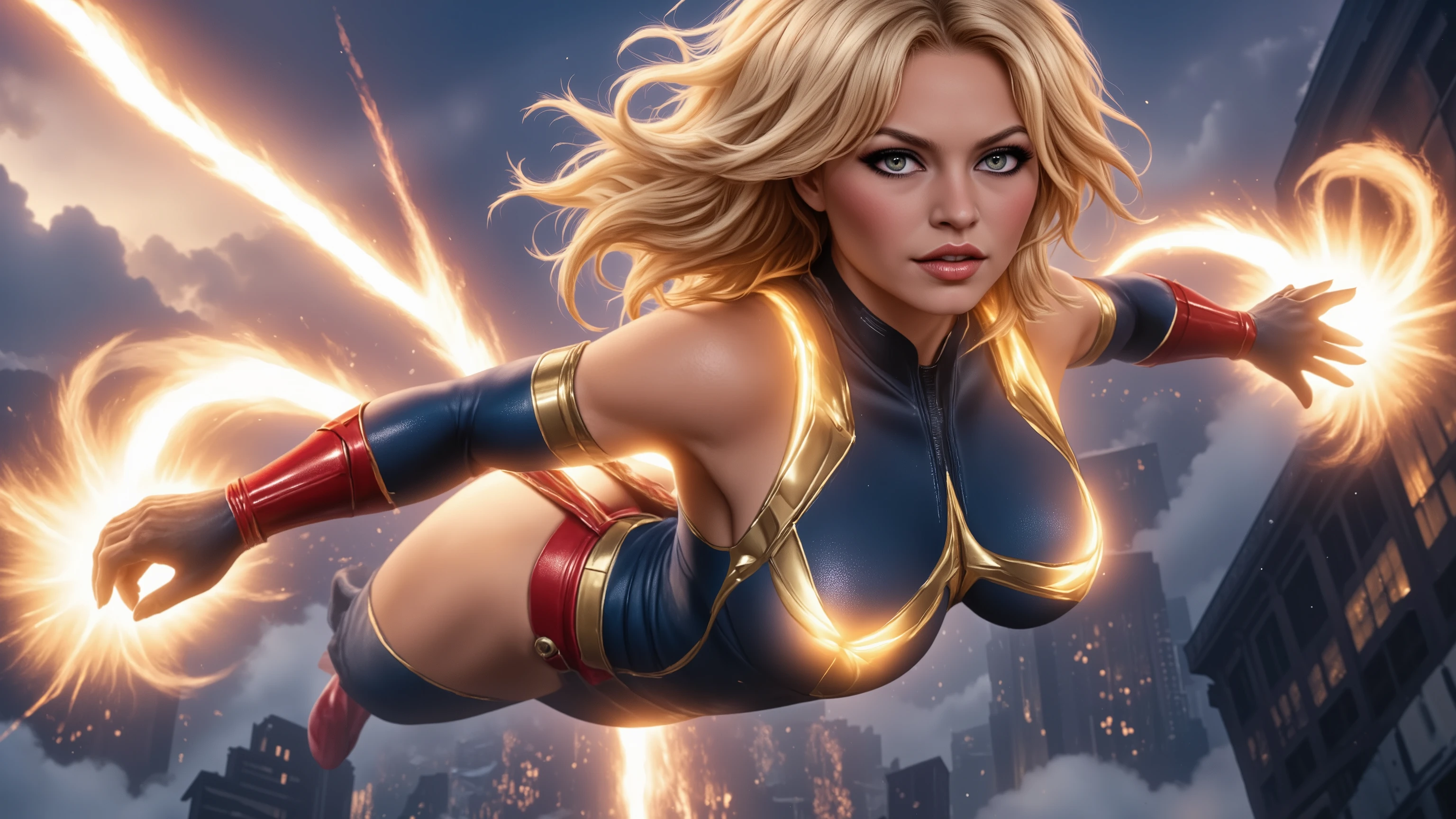 ray tracing, UHD, 16k, masterpiece, cinematic, photorealistic, award winning, marvel comics character, ms marvel, voluptuous, athletic, beautiful long hair, tight clothes, skin indentation, confident expression, heroic pose, flying in the air, energy effects, city skyline background, glowing energy powers, cinematic lighting, dramatic shadows, comic book art style, digital painting,