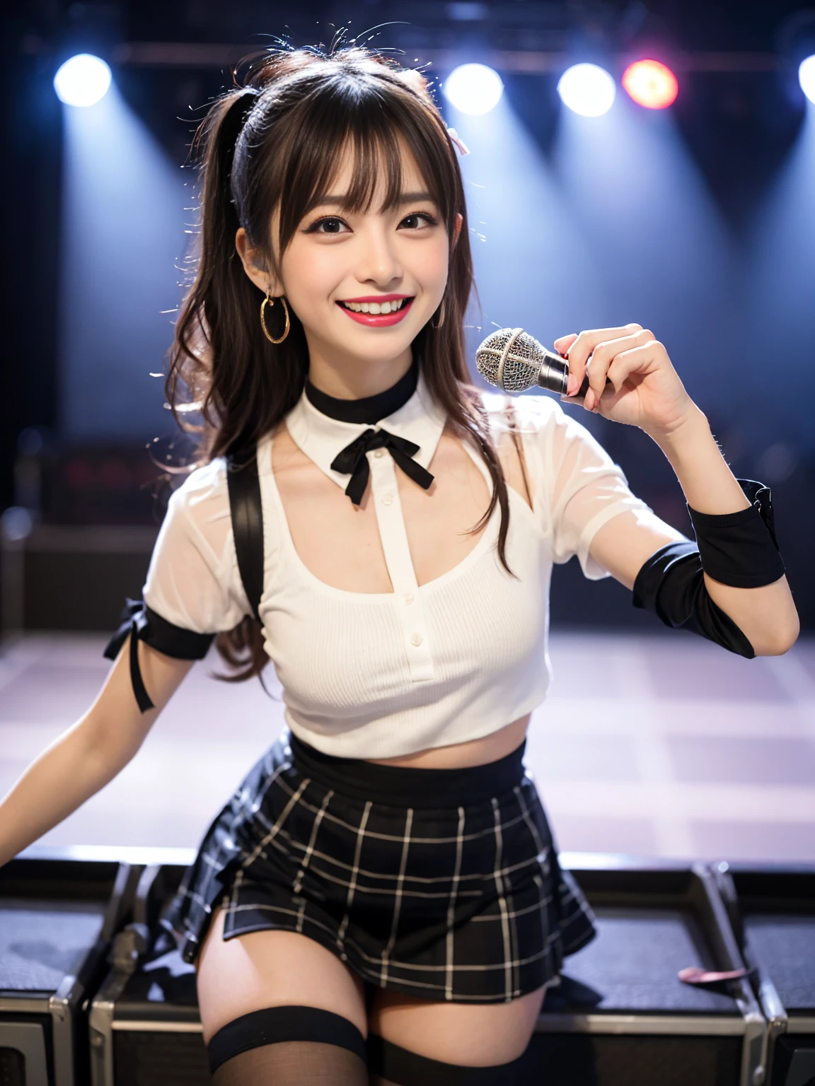 (RAW photo、highest quality)、(realistic、Photoreal:1.3)、highest quality、masterpiece、very delicate and beautiful、A hvery detailed、nffsw、sense of oneness、2k wallpaper、growing up、Beautiful in every detail、masterpiece、light smile、highest quality、Hvery detailed ticker Unity 8K wallpapers、huge file size、super detailed、High resolution、very detailed、((Euphoric look))、((orgasm:1.23))、((smile:1.15))、((sweating:1.4))、((translucent:1.55、A sailor uniform-style body suit with a collar that sticks to your skin and gives you a beautiful silhouette...:1.6))、Pink and orange、ribbon、sailor Hut、double ruffle garter、super cute girl、teenager、Part of an idol group、(((At concerts「ザ☆ピ〜s!」dancing)))、(spread your legs wide), (Pull your hips back), (Arch the upper body), and place your left hand on your hip.、Right hand salutes with two fingers、Hair is moving、(Concert lighting sets the mood)、large crowd、s spotlight、professional lighting、cinematic light、Three-dimensional、viewer'point of view、
