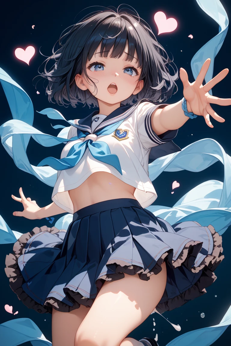"(perfect masterpiece:1.2), (highest quality:1.2), stunning face, uniform, Chubby, Big eyes, compensate, long and luxurious eyelashes, lip whole,cheerleader,belly button,(((female brat))),(((very short hair))),raised his arms,NSFW,devil's smile,Are standing,Upper body,front,Cheerleader,mini skirt,double teeth,(((young))),,((((small breasts))))
