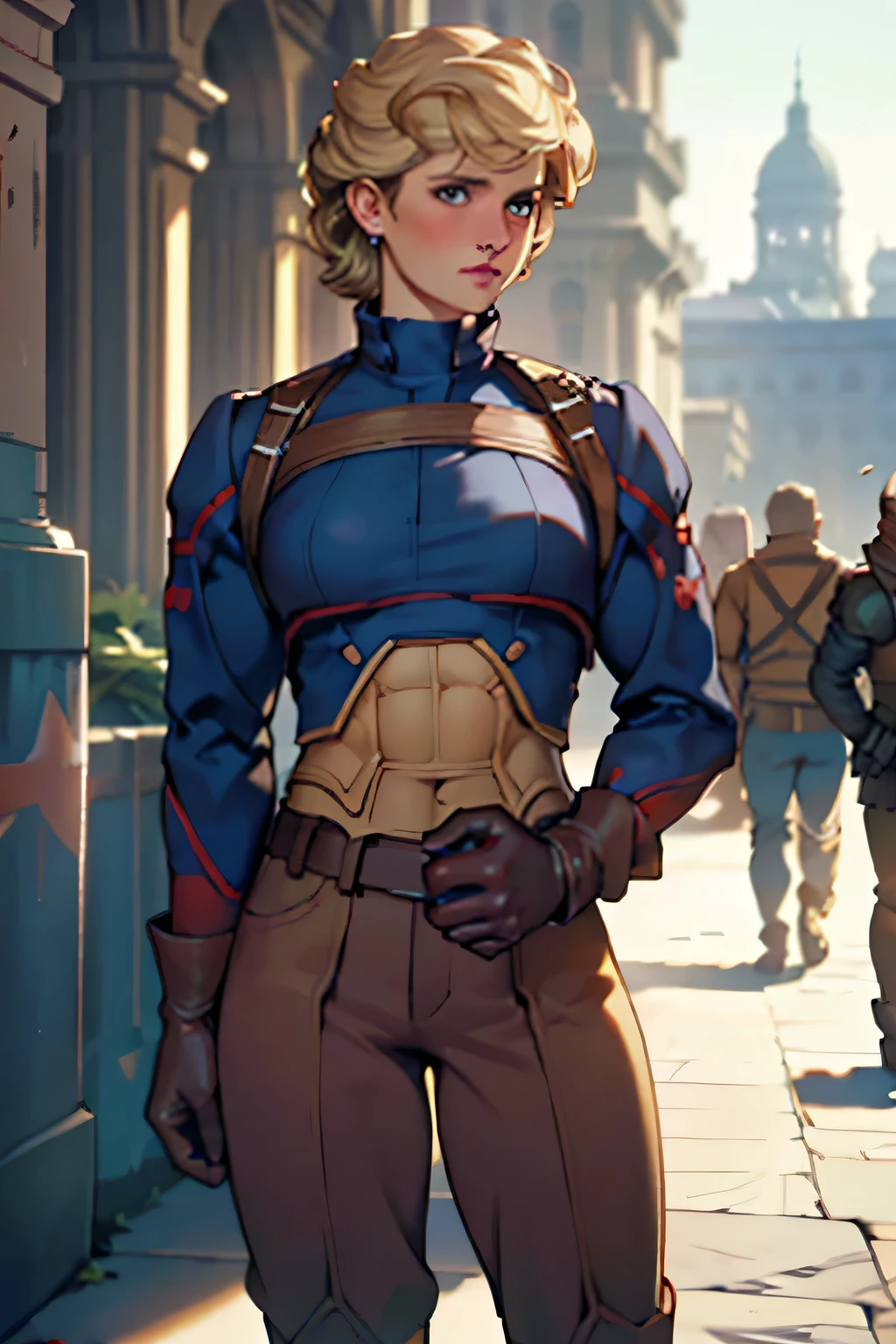 (masterpiece:1.3), (8K, Realistic, RAW Photos, Highest quality: 1.4), (One Girl), Beautiful Face, (Realistic Face), Beautiful Hairstyles, Realistic eyes, Beautiful details, (Realistic Skin), Beautiful Skin, Absurd, charm, Ultra-high resolution, Ultra-realistic, Very detailed, Golden Ratio, (Best Shadow), Cinematic, (Complex:1.4), High Contrast, Side lighting, ((Princess Diana)), ((Accurate hands and fingers)), ((captain england)), 43-year-old Caucasian female, (Blonde Hair, short hair:1.3), (Voluptuous body), BREAK Guards standing in a row