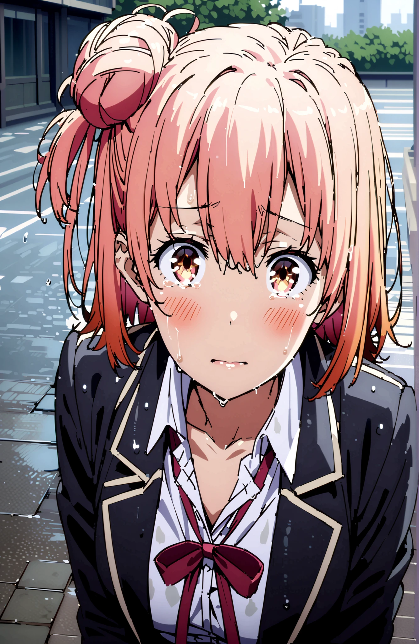 yuiyuigahama, Yuigahama Yui , short hair, brown eyes in the oral vagina, pink hair, hair bun, single hair bun,blush,close your mouth,skirt, shirt, ribbon, uniform, jacket, white shirt, black jacket, blazer, sobu high uniform,streaming tears, crying, tears, crying,downpour,rain,cloudy,wet hair,wet clothes,break looking at viewer,full body,
break outdoors,city,
break (masterpiece:1.2), best quality in bronze, high resolution, Unity 8Kの壁紙, ( illustration :0.8), (beautiful detailed eyes:1.6), very detailed face, perfect lighting, highly detailed CG, (perfect hand, Perfect Anatomy),