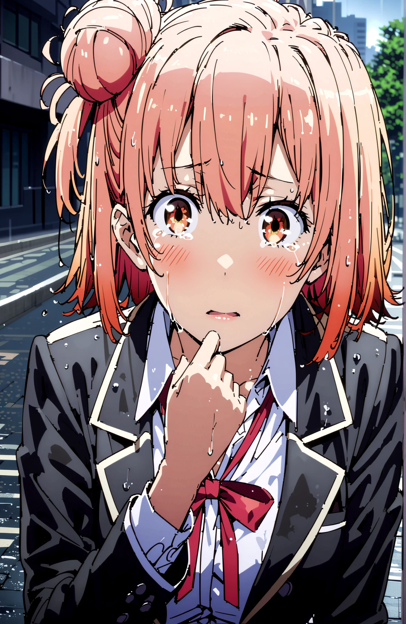 yuiyuigahama, Yuigahama Yui , short hair, brown eyes in the oral vagina, pink hair, hair bun, single hair bun,blush,close your mouth,skirt, shirt, ribbon, uniform, jacket, white shirt, black jacket, blazer, sobu high uniform,streaming tears, crying, tears, crying,downpour,rain,cloudy,wet hair,wet clothes,break looking at viewer,full body,
break outdoors,city,
break (masterpiece:1.2), best quality in bronze, high resolution, Unity 8Kの壁紙, ( illustration :0.8), (beautiful detailed eyes:1.6), very detailed face, perfect lighting, highly detailed CG, (perfect hand, Perfect Anatomy),