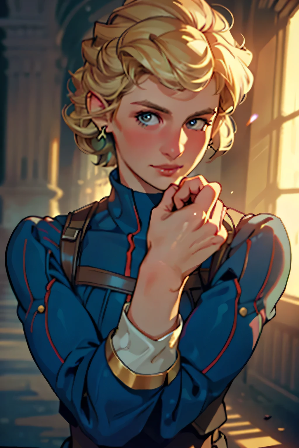 (masterpiece:1.3), (8K, Realistic, RAW Photos, Highest quality: 1.4), (One Girl), Beautiful Face, (Realistic Face), Beautiful Hairstyles, Realistic eyes, Beautiful details, (Realistic Skin), Beautiful Skin, Absurd, charm, Ultra-high resolution, Ultra-realistic, Very detailed, Golden Ratio, (Best Shadow), Cinematic, (Complex:1.4), High Contrast, Side lighting, ((Princess Diana)), ((Accurate hands and fingers)), ((captain england)), 43-year-old Caucasian female, (Blonde Hair, short hair:1.3), (Voluptuous body), BREAK Guards standing in a row