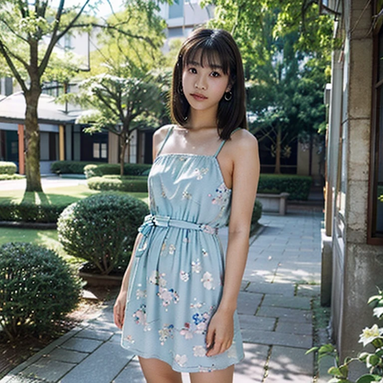 individual,young girl,24 years old, Blue and white striped summer dress,fine hair, Detailed faces, Short hair details, beauty mark,whole body, milk,Buttocks ,long legs,black,short skirt