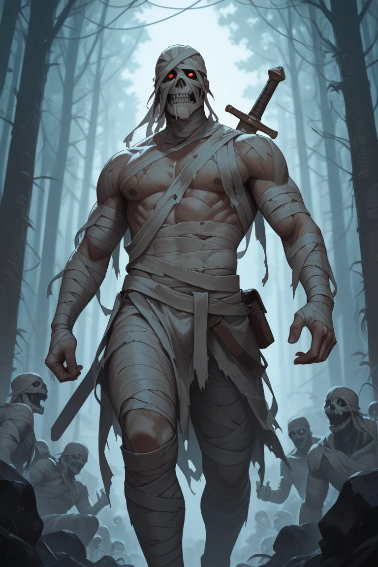 ((Drahmin)) from Mortal Kombat, ((tall hunched monstrous creature)), ((decayed and disfigured flesh)), (rotting flesh with exposed bones and sinew), ((head is covered by a spiked rusty worn metal mask with sharp spikes protruding)), thick sturdy limbs, ((wields spiked club)), ((tattered torn fabric)), wraps, 1man, solo, full body view, intricate, high detail, sharp focus, dramatic, photorealistic painting art by greg rutkowski