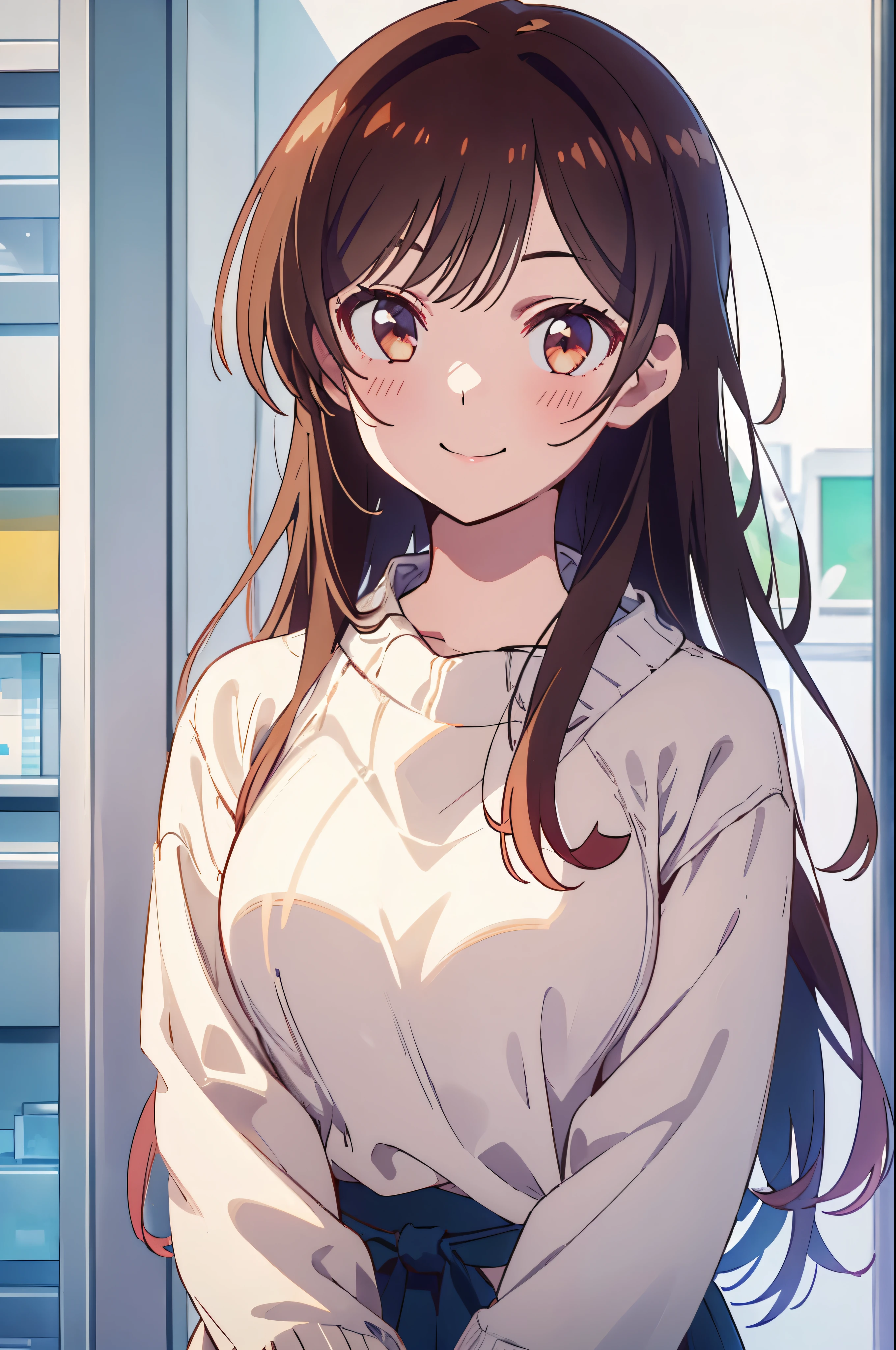 (((pixel perfect, detail-perfect))), solo, 1 girl, Ichinose Chizuru, sweater , Watch Viewers, smile, upper body