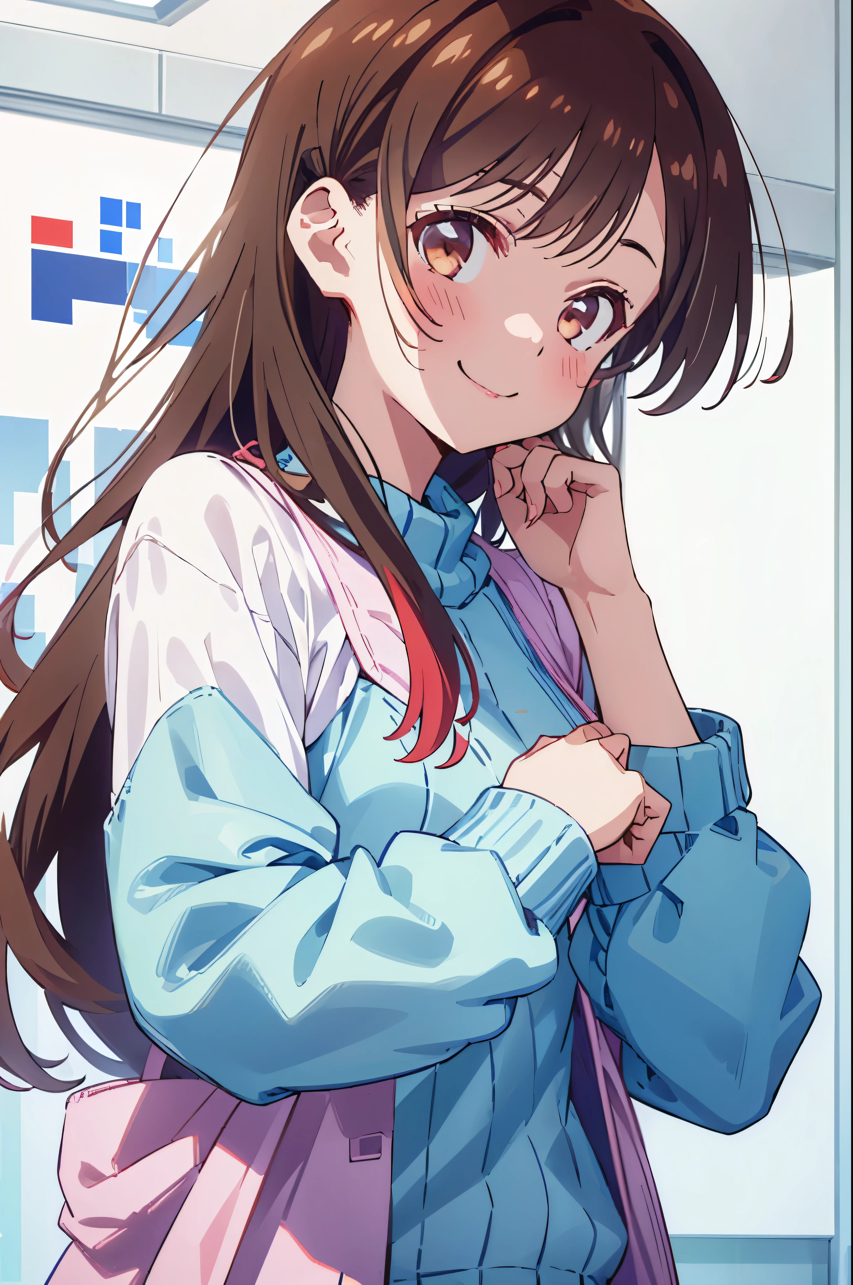 (((pixel perfect, detail-perfect))), solo, 1 girl, Ichinose Chizuru, sweater , Watch Viewers, smile, upper body
