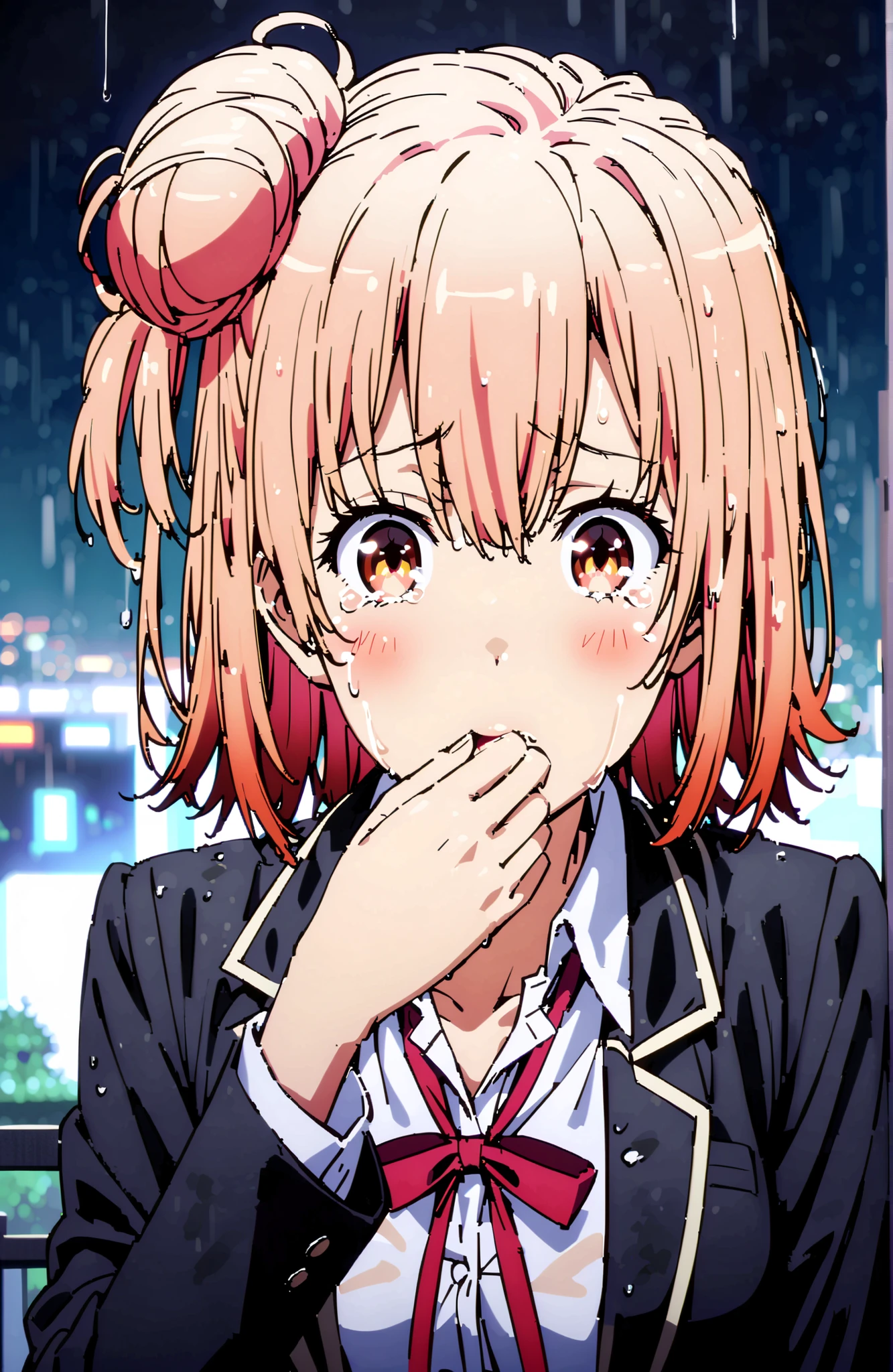 yuiyuigahama, Yuigahama Yui , short hair, brown eyes in the oral vagina, pink hair, hair bun, single hair bun,blush,close your mouth,skirt, shirt, ribbon, uniform, jacket, white shirt, black jacket, blazer, sobu high uniform,streaming tears, crying, tears, crying,downpour,rain,cloudy,wet hair,wet clothes,break looking at viewer,full body,
break outdoors,city,
break (masterpiece:1.2), best quality in bronze, high resolution, Unity 8Kの壁紙, ( illustration :0.8), (beautiful detailed eyes:1.6), very detailed face, perfect lighting, highly detailed CG, (perfect hand, Perfect Anatomy),