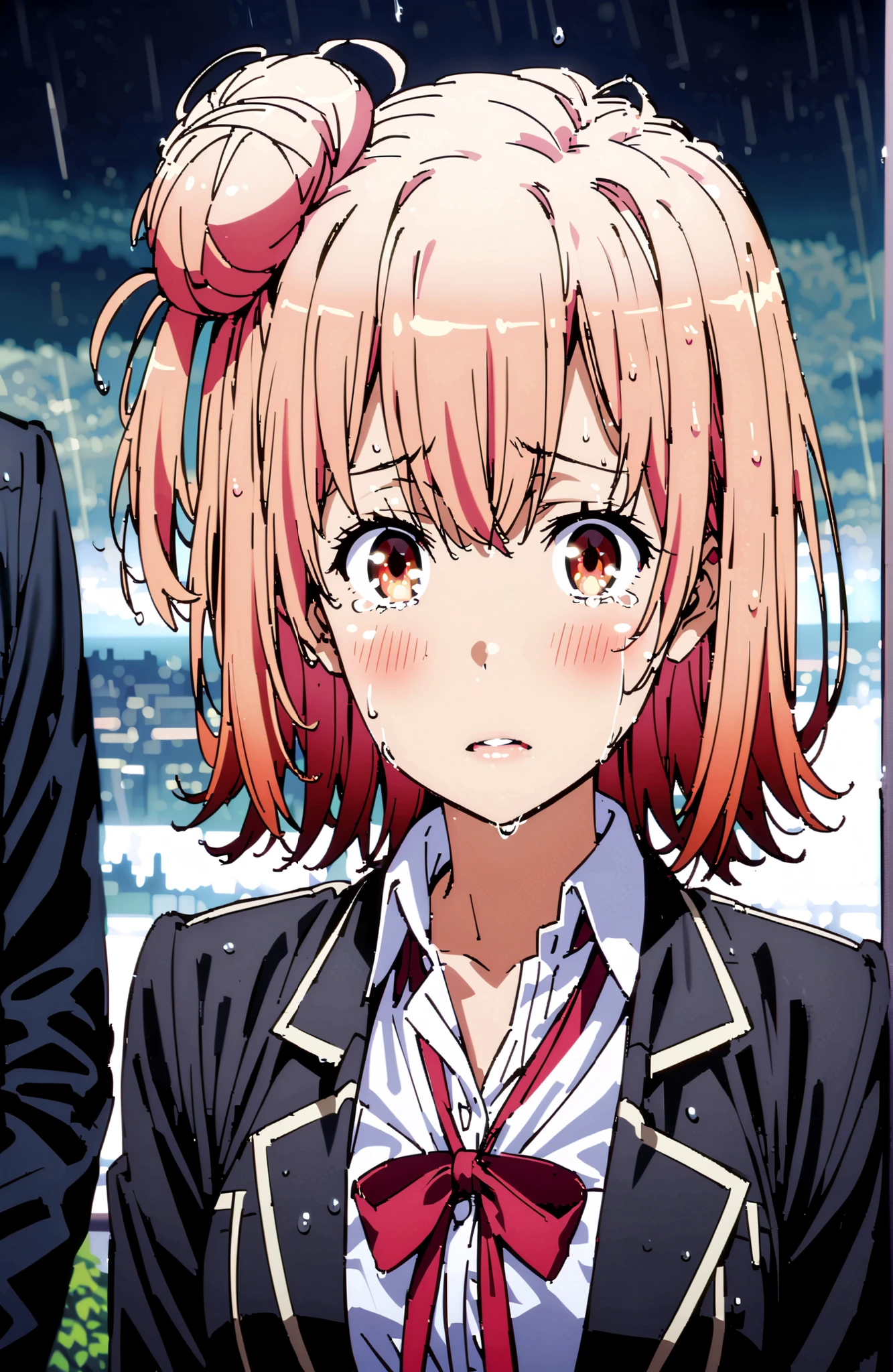 yuiyuigahama, Yuigahama Yui , short hair, brown eyes in the oral vagina, pink hair, hair bun, single hair bun,blush,close your mouth,skirt, shirt, ribbon, uniform, jacket, white shirt, black jacket, blazer, sobu high uniform,streaming tears, crying, tears, crying,downpour,rain,cloudy,wet hair,wet clothes,break looking at viewer,full body,
break outdoors,city,
break (masterpiece:1.2), best quality in bronze, high resolution, Unity 8Kの壁紙, ( illustration :0.8), (beautiful detailed eyes:1.6), very detailed face, perfect lighting, highly detailed CG, (perfect hand, Perfect Anatomy),