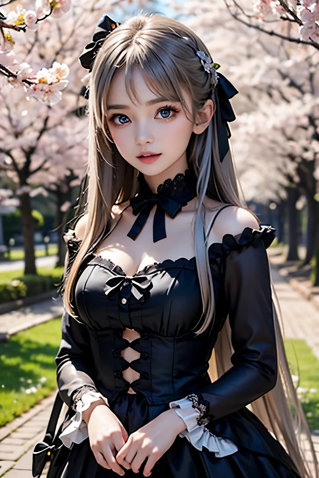 masterpiece,Best Quality,very well detailed,photorealistic,realistic, Ultra High Resolution, masterpiece,cute girl,Elegant,Age 15,long silver hair,skinny,perfect eyes,slender,so cute, Gothic ta Dress ,  frill,cherry blossoms in full bloom,cherry tree,hanami,garden,  Correct handshake  ,ACTIVE POSES,Outdoors,  picnic