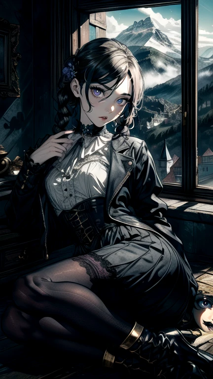 absurdres, RAW photo, extremely delicate and beautiful, masterpiece, Best Quality, ultra high resolution, 32k, hyperrealistic, ultra-detailed, detailed description, pale skin, 20 years old, detailed beautiful face and eyes, tearful mole, earring, Colossal tits, short medium hair, wavy hair, full body shot, alone, steampunk fashion, waistcoat, blouse, hat, boots, short skirt, bare shoulder,