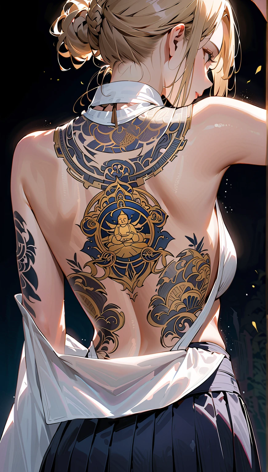 ((Back Tattoos)), Japan Female Swordsman, stand with your back turned, Topless, Wearing hakama, (Wearing an open-backed bib:1.3), With a sword in hand, Close-up of the back, SFW, Tattoo with a god and Buddha motif across the entire back, ((Extremely detailed and intricate pattern)), BREAK Highly transparent and murky Japanese-style watercolor tattoo, Delicate and precise brushwork, ((A tattoo in the center of the back that represents strength and mercy, Mark of Sin)), Realistic and captivating depictions, BREAK Detailed and attractive skin texture, Feminine body shape, Captivating nape, (Wearing an open-backed bib:1.4), JapanWith a sword in hand, Sharp, BREAK A dark background that makes the subject stand out, Dramatic lighting, Upper body rear shot, BREAK Detailed and precise brushwork, Aesthetics that are too delicate, Very absurd, Powerful expression that captivates the audience, highest quality, Highest Resolution, 16k, 