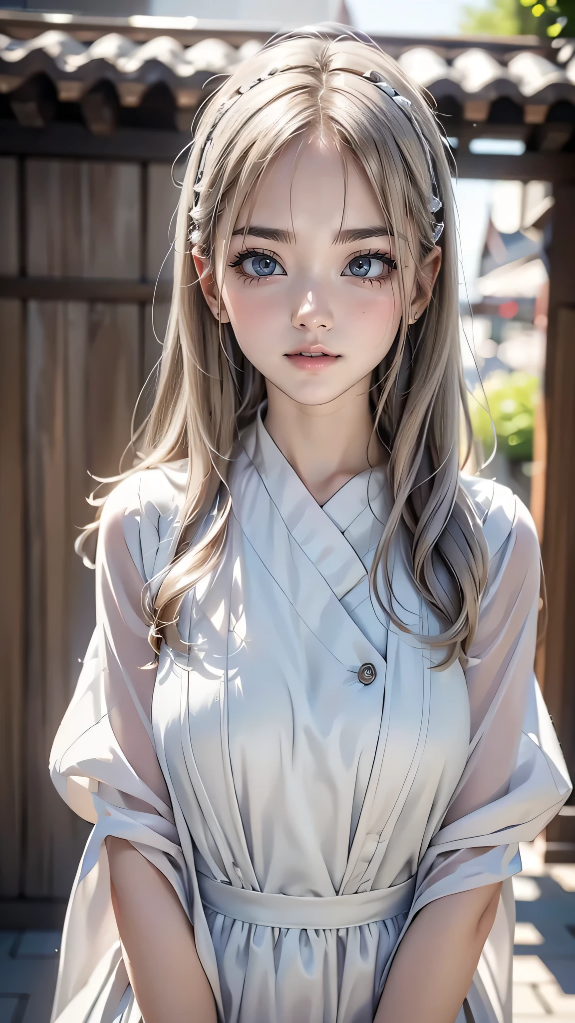 (((Highest quality))),(((Very detailed))),masterpiece,(((Realistic))),(((Photorealistic))),Russia、1men and women、Beautiful silver hair、Natural light、smooth lips、Small Nose、((No makeup))、(((Cute beautiful perfect face at 18 years old)))、Small breasts、Cute pose 、(Smiling Kindly)、((Detailed face)), ((Upper body details)), (Delicate skin), White skin,(Cold colors)、(Highest quality) ,Gion Walk、((Blurred Background))