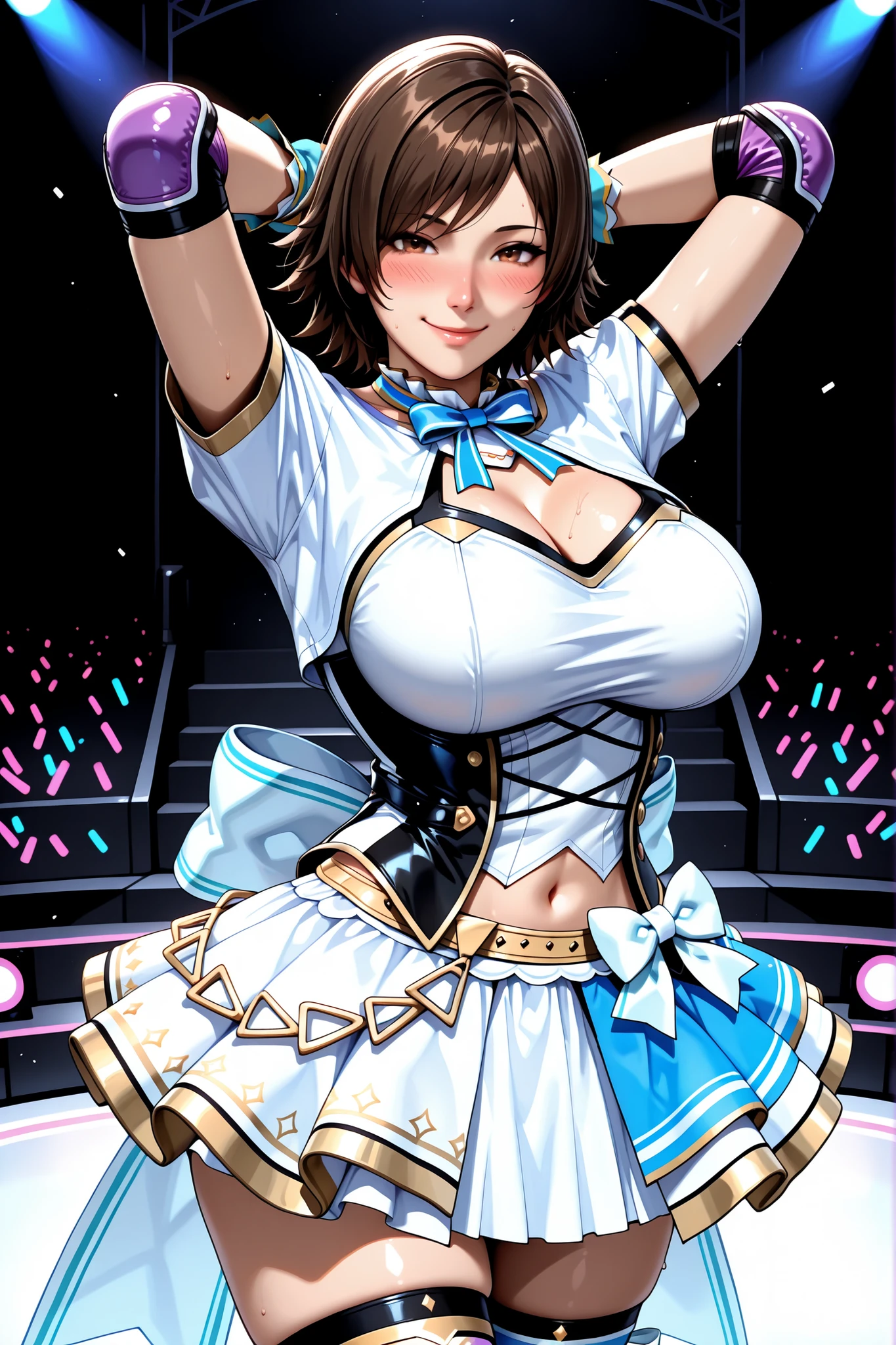 score_9, score_8_up, score_7_up,score_6_up,
source_Tekken, cowboy shot, standing, smile, blush, big breasts, boyish,
1 woman, solo, 20 years old, less eye blow, highly detailed eyes, perfect eyes:1.1, Best Quality, details, newest, AI-generated, Ultra High Resolution, curvilinear, is anatomically correct, (Watch Viewers:1.3),
(kazama asuka, brown hair, short hair, brown eyes, Idol, Idol clothes, hololive Idol uniform, bowtie, blue skirt, dress, frilled skirt, layered dress, short sleeves, midriff, thigh highs, Clothes fixed, fingerless gloves, elbow gloves, purple elbow pads, chest cutout), white background, no background, hands behind head, (orgasm:0.7), concert, on stage,