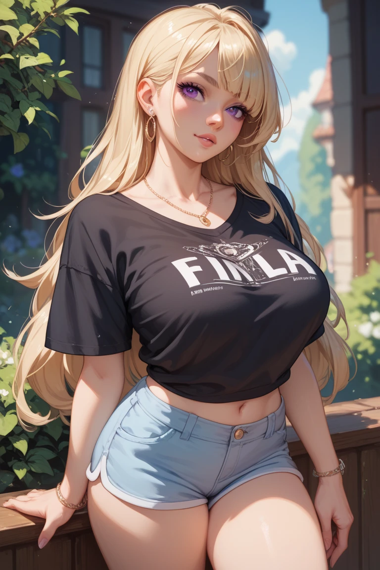 girl, wearing fortnite theme, beautiful smile, big breasts, curly blonde hair, t-shirt up showing transparent bra, transparent panties, holding weapons from the fortnite game, in a scene from the fortnite game