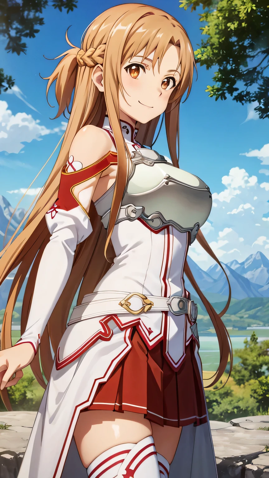{{{masterpiece}}}, (best quality:1.5), (ultra-detailed:1.5), {illustration}, {{an extremely delicate and beautiful}}, (beautiful detailed eyes:1.6), absurdres, highres, extremely detailed face, 16k, hd, visual anime de uma jovem mulher, extremamente bonito rosto de anime, anime melhor garota, (perfect hands, perfect anatomy), anime face, Yuuki Asuna(Sword Art Online), aaasuna, Eft_sao_asuna, 1girl, solo, cute face, very long hair, brown hair, braid, half up, sidelocks, swept bangs, black pupils, (brown eyes:1.8), medium breasts, big hips, curvaceous, BREAK, {Knights of the Blood Costume}, bare shoulders, white armor, (breast plate:1.3), white sleeves, detached sleeves, white sword belt, short pelvic curtain, (red skirt:1.2), pleated skirt, mini skirt, white loincloth, white thighhighs, thighs, zettai ryouiki, BREAK, cute face, smiling, standing, outdoor, daytime, solar, rock, mountain, forest, desert, sky, lake, look the sky, look up, (bust shot:1.3), from side, from below