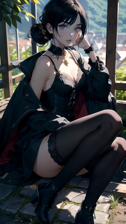 ((Biologically correct limb count))、((Natural finger shape))、((Full Body Shot, Including face))、Standing position、4K、masterpiece、((Focus on the face))、((Symmetrical facial features))、Eye for detailed depiction、Beautiful woman、Excellent style、Beautiful clavicle、Beautiful feet、Slender body、(Small Ass、Thin thighs)、(Black Stockings、High heels)、Facial detailing、Small earrings、necklace、Low angle photo、(topless、In pants)、Park scenery on a holiday morning、Strong sunlight、(((A facial expression of pleasure)))、(((Lean your body back and sit on the bench)))、((Hands lifting from under your chest))、(Face the camera)、Photograph the side of the body