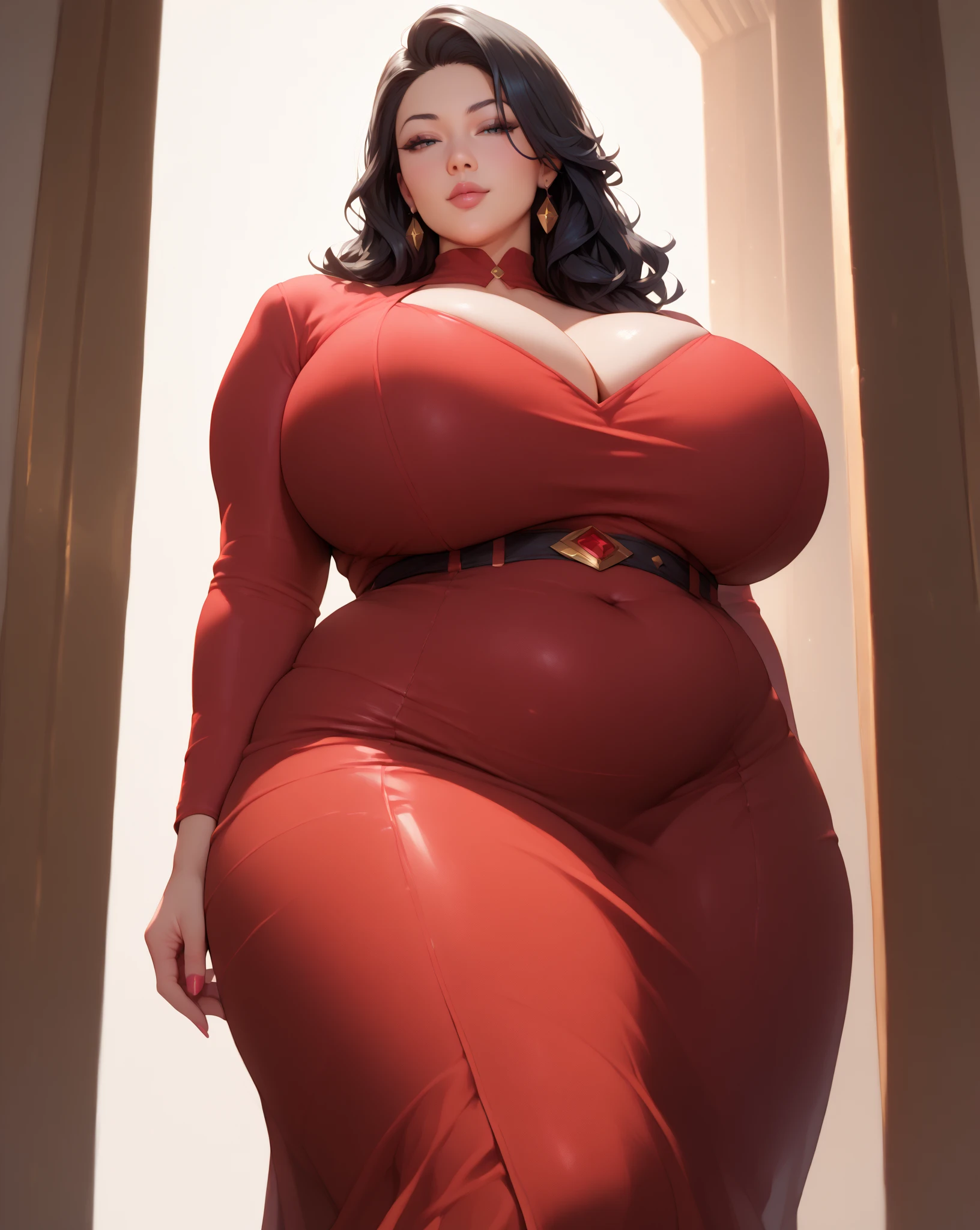 Beautiful woman, she is extremely tall with dark red updo hair, jewelry, she s wearing a red dress, she has extremely large gigantic huge breasts and gigantic butt, very strong legs, cleavage, extremely voluptuous, extremely curvy, prominent hourglass figure, ((((extremely prominent wide hips)))), insanely thick thighs, very long legs, giant butt cheeks, Gigantic sexy assets