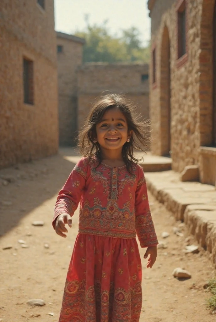 Indian baby women coming from market with big fish in their hands as baby runs to them with joy