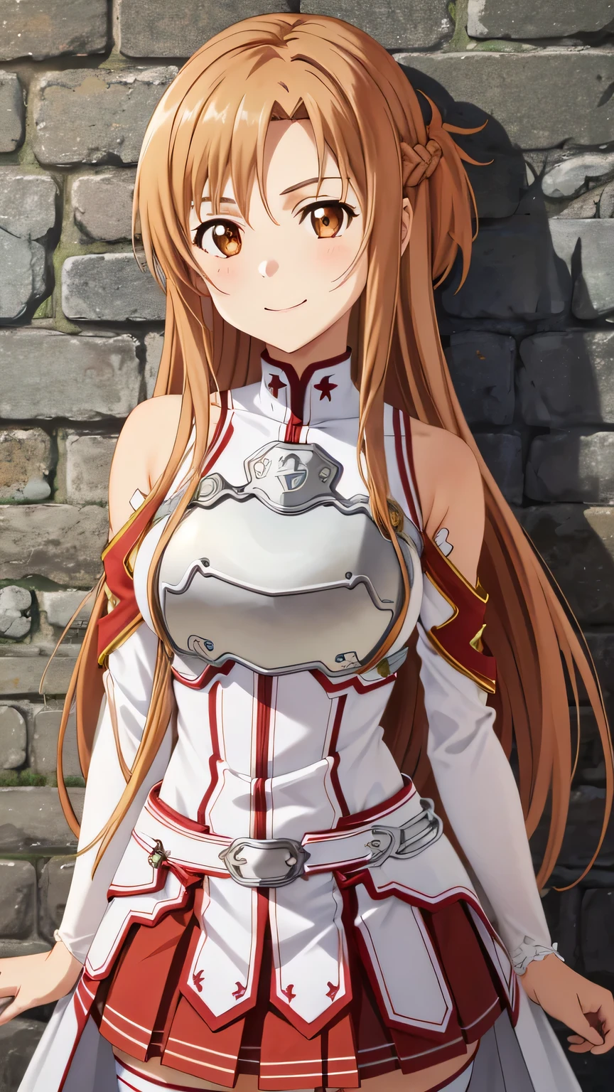 {{{masterpiece}}}, (best quality:1.5), (ultra-detailed:1.5), {illustration}, {{an extremely delicate and beautiful}}, (beautiful detailed eyes:1.6), absurdres, highres, extremely detailed face, 16k, hd, visual anime de uma jovem mulher, extremamente bonito rosto de anime, anime melhor garota, (perfect hands, perfect anatomy), anime face, Yuuki Asuna(Sword Art Online), aaasuna, Eft_sao_asuna, 1girl, solo, cute face, very long hair, brown hair, braid, half up, sidelocks, swept bangs, black pupils, (brown eyes:1.8), medium breasts, big hips, curvaceous, BREAK, {Knights of the Blood Costume}, bare shoulders, white armor, (breast plate:1.3), white sleeves, detached sleeves, white sword belt, short pelvic curtain, (red skirt:1.2), pleated skirt, mini skirt, white loincloth, white thighhighs, thighs, zettai ryouiki, BREAK, smiling, flushed cheeks, (portrait:1.5), outdoor, Medieval Europe, daytime, building, (cute gestures:1.2), medium close-up shot