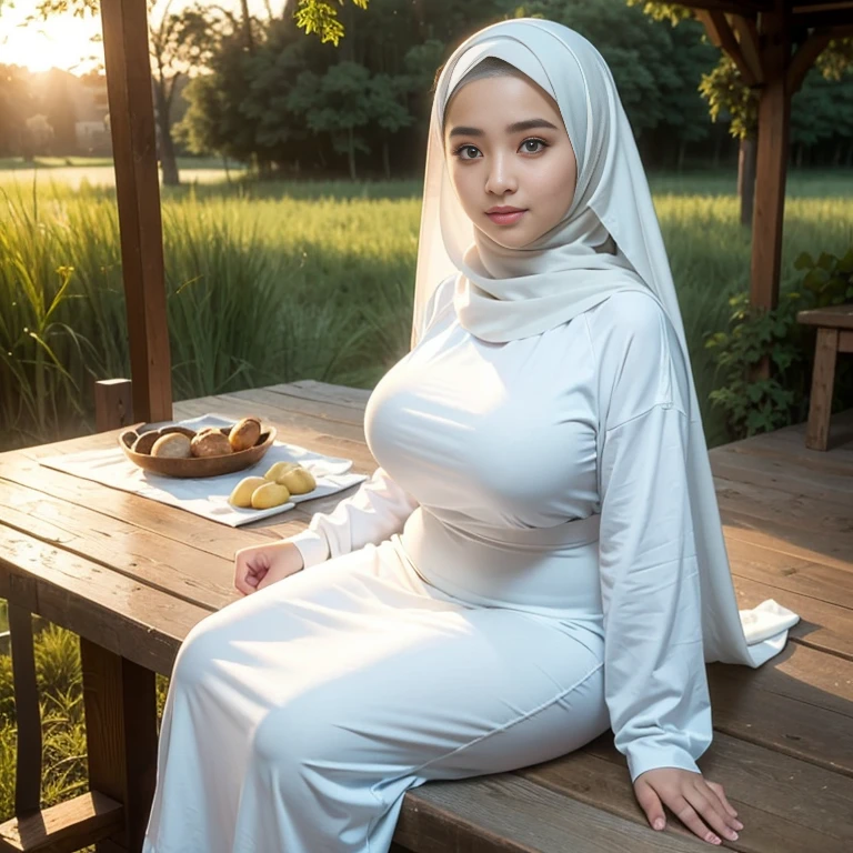 ( Close Up),RAW, Best quality, high resolution, works: 1.3), Beautiful Malay woman in hijab, Masterpiece, fit body, big breasts, beautiful big eyes, Soft smile, beautiful face, woman sitting at a table in a green meadow, traditional beauty, moment sunset, in the field, in the countryside, beautiful woman, with the sunset, wearing a soft long dress, muslim,, hijab, beautiful woman, with a beautiful appearance, a very beautiful masterpiece, a masterpiece of art, good lighting, Bright colors, Clean lines, chubby body, wide chubby hips, chubby arm, chubby massive thighs , massive cleavage , massive armpits , white armpits , armpit hair , extra cleavage, full body , milky white skin