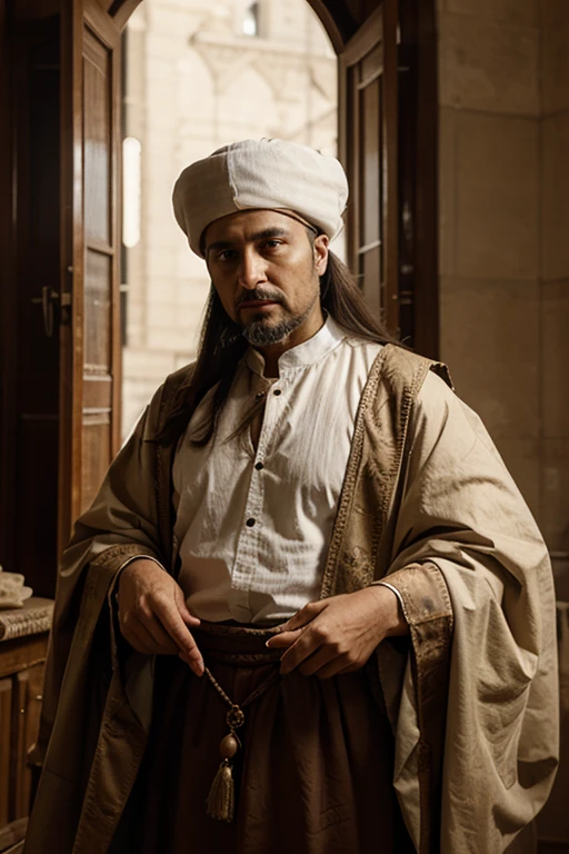 a man with a mustache and thin beard, turban and white scarf, Sheikh Muhammad, ruler of Dubai, portrait of a D&D Bedouin, there is a typical Indonesian weapon keris tied to his clothes