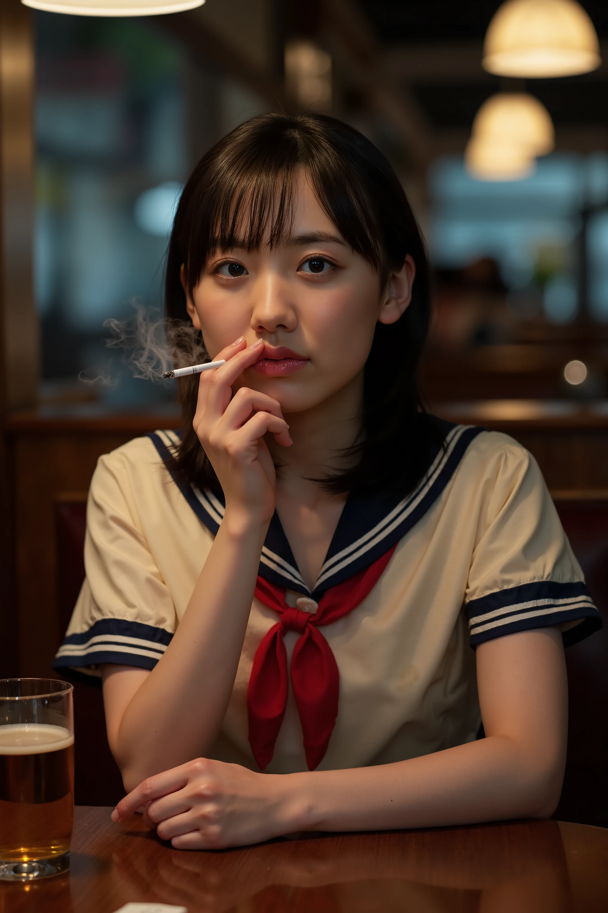A high resolution photograph of a young Japanese woman. She wears a sailor suit with short-sleeve ivory top, navy blue collar, red neckerchief and navy blue pleated skirt as school uniform. She has straight glossy black hair and pale skin. POV across table, She is sitting at a table in a dimly lit coffee shop. She is a smoker, holds a cigarette in her right hand, smokes currently and (cigarette smoke wafts around her:1.4). There is an ashtray and a beer mug on the table. She's looking at the camera with a glaring expression. Her face is lit by a lamp. The overall atmosphere is grim. This image depicts detailed face, detailed eyes, sophisticated nose, photo-realistic, masterpiece, best quality, intricate details, extremely detailed, cinematic lighting, detailed hands, detailed fingers and anatomically correct proportion.