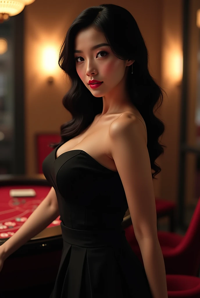 an attractive pretty Asian white women live casino,black dress,strapless, 4k, echi, uhd image, exclusive, ellegance, dark bluecadet and gold colour, ultrarealistic, photorealistic , taken with 100mm kodak photo studio, full body , hand take poker card,bright, bright studio lighting , no background, flat white background --ar 74:63 --v 6
