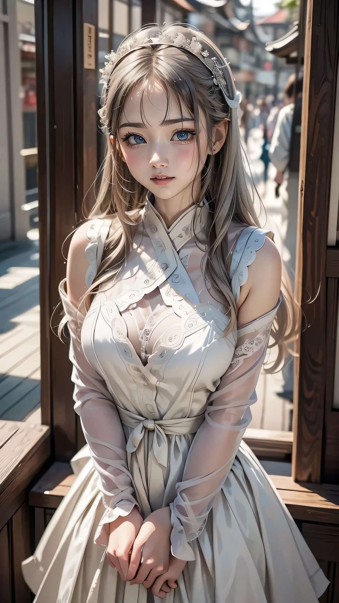 (((Highest quality))),(((Very detailed))),masterpiece,(((Realistic))),(((Photorealistic))),Russia、1men and women、Beautiful silver hair、Natural light、smooth lips、Small Nose、((No makeup))、(((Cute beautiful perfect face at 18 years old)))、Small breasts、Cute pose 、(Smiling Kindly)、((Detailed face)), ((Upper body details)), (Delicate skin), White skin,(Cold colors)、(Highest quality) ,Gion Walk、((Blurred Background))