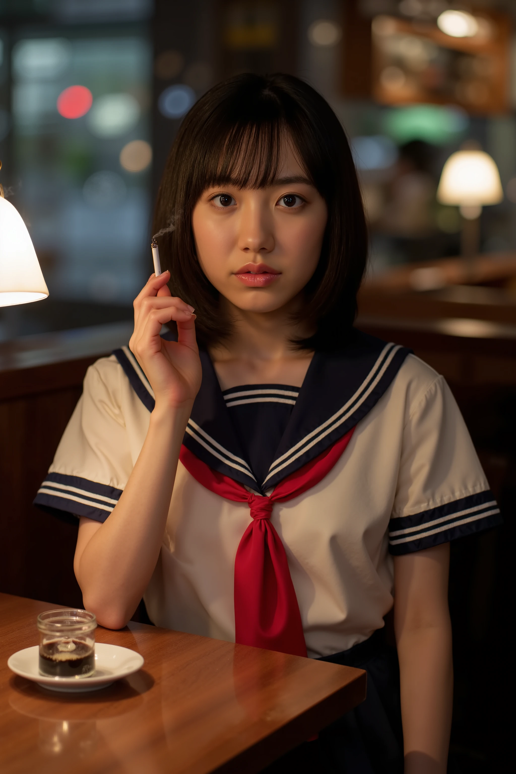 A high resolution photograph of a young Japanese woman. She wears a sailor suit with short-sleeve ivory top, navy blue collar, red neckerchief and navy blue pleated skirt as school uniform. She has straight glossy black hair and pale skin. POV across table, She is sitting at a table in a dimly lit coffee shop. She is a smoker, holds a cigarette in her right hand, smokes currently and (cigarette smoke wafts around her:1.4). There is an ashtray and a beer mug on the table. She's looking at the camera with a glaring expression. Her face is lit by a lamp. The overall atmosphere is grim. This image depicts detailed face, detailed eyes, sophisticated nose, photo-realistic, masterpiece, best quality, intricate details, extremely detailed, cinematic lighting, detailed hands, detailed fingers and anatomically correct proportion.