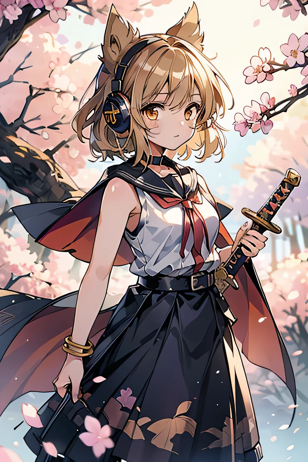1girl, Toyosatomimi no Miko (Touhou), yellow_eyes, blonde_hair, brown_hair, light_brown_hair, short_hair, pointy_hair, bangs, headphones, earmuffs, black_sailor_collar, sleeveless_shirt, purple_skirt, black_belt, sheath, purple_cape, sword, holding_sword, unsheathing, bracelet, anklet, jewelry, neck_ribbon(touhou) Cherry Blossom, fumo