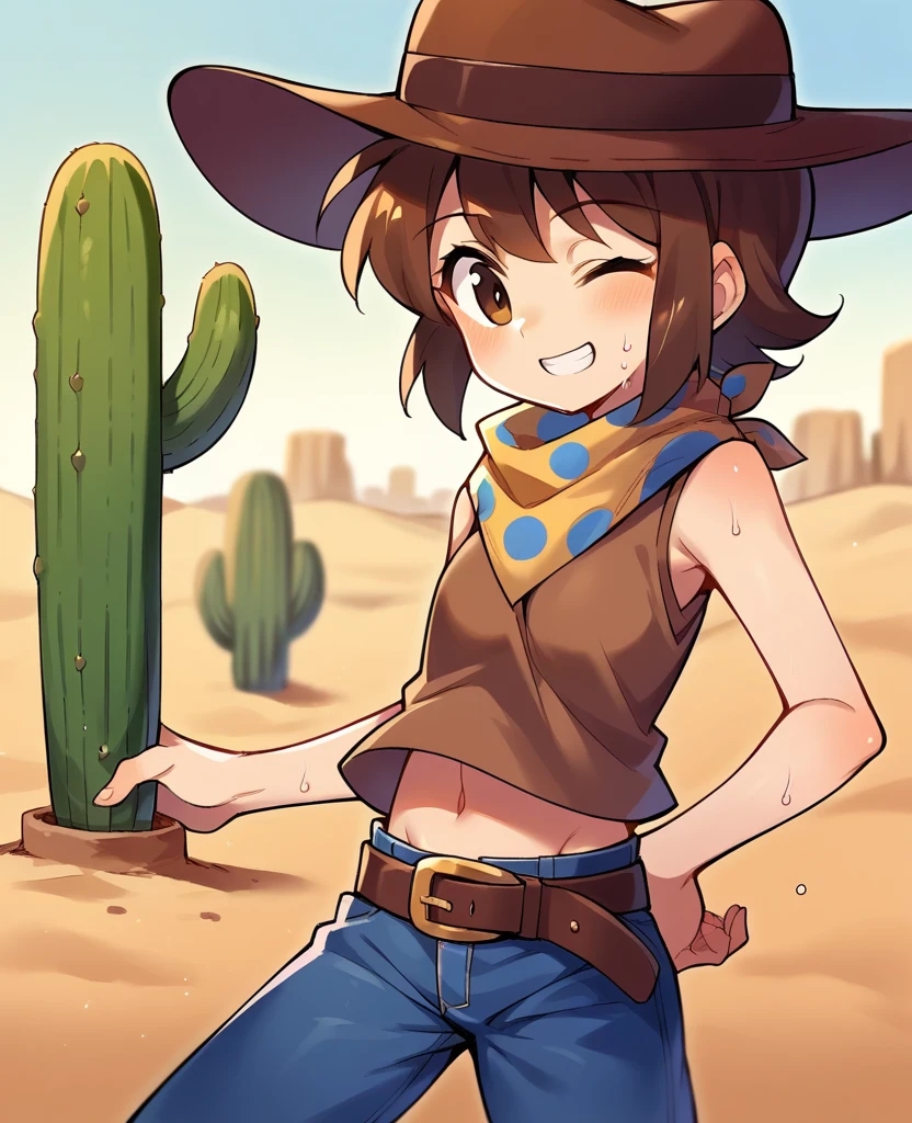 1girl, solo, short hair, brown hair, green eyes, necklace, yellow dress, zipper, wristband, jewelry, boots, sitting, sweat, fence, outdoors, desert, cactus, smile, finger on hat, cowboy hat <lora:Selphie:1>, score_9, score_8_up, score_7_up, score_6_up, score_5_up, score_4_up, BREAK source_anime, masterpiece