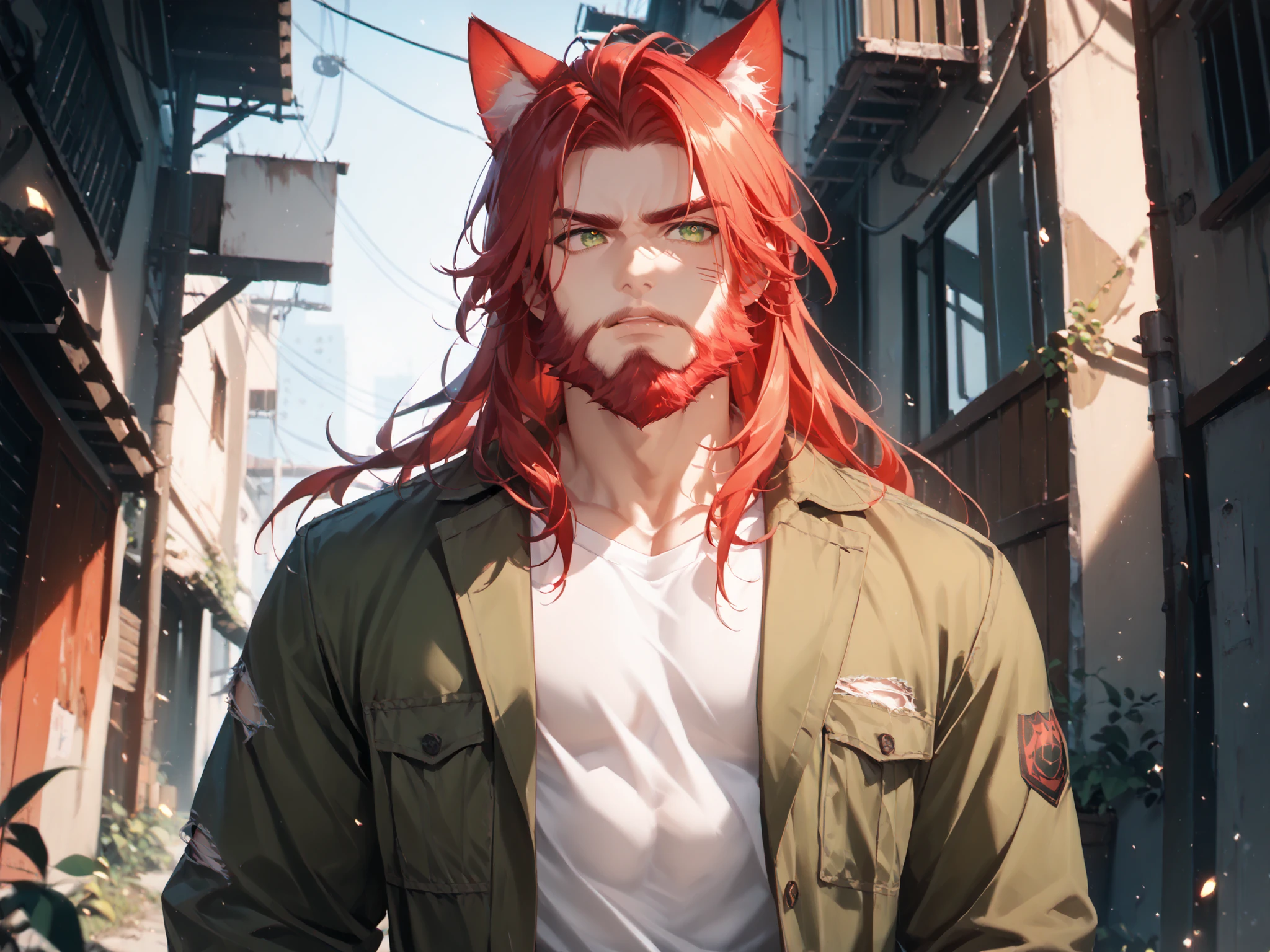 Character: solo, 1boy, cat-boy, demi-human, adult, cat eyes, green eyes ((Eyes with high detail, no defects, pupils of equal size)), stern, old, daddy, manly, red beard, lush beard, big beard, long beard, facial hair, facial wrinkles, full lips, red hair, long hair, mane, (red cat ears), rough face, ((hair covers ears)), toned, white shirt, khaki-green jacket, ripped jeans. Background: abandoned alley, outdoors, day, particles, fractal, best quality, 8k, highres, masterpiece, ultra-detailed, dramatic lighting