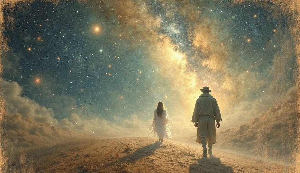 A couple of lovers walking on the moon and contemplating the vast outer space with stars and comets, masterpiece, best quality, ultra-detailed, floating scene, light white clothes, loose hair, lightly embraced air, soft light, melancholic feelings.