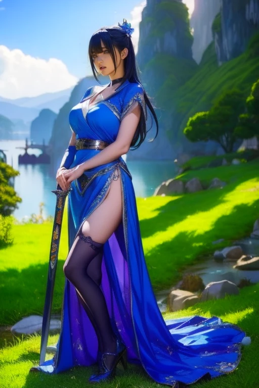 On the coast of the mountain,beautiful dragon girl,long hair shawl,Large Breasts,Wearing fairy clothes and long sword