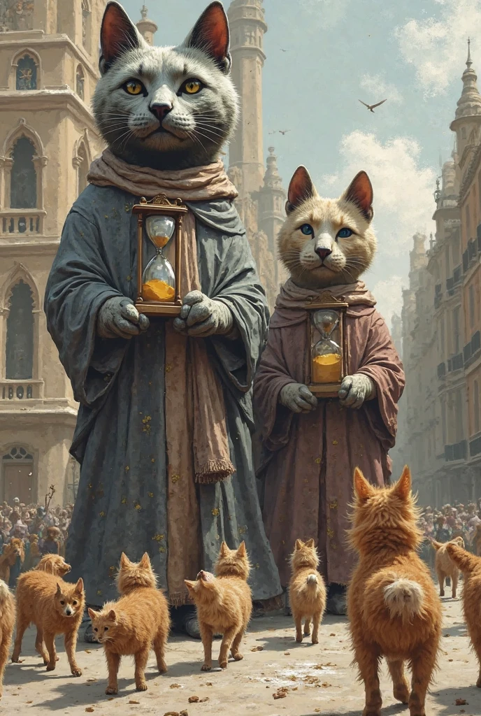 Giant cat statue next to a dog statue. The cat is wearing robes and holding an hourglass. The dog is also wearing robes and holding a book. Many smaller dogs and cats walk towards the building behind the statues.
