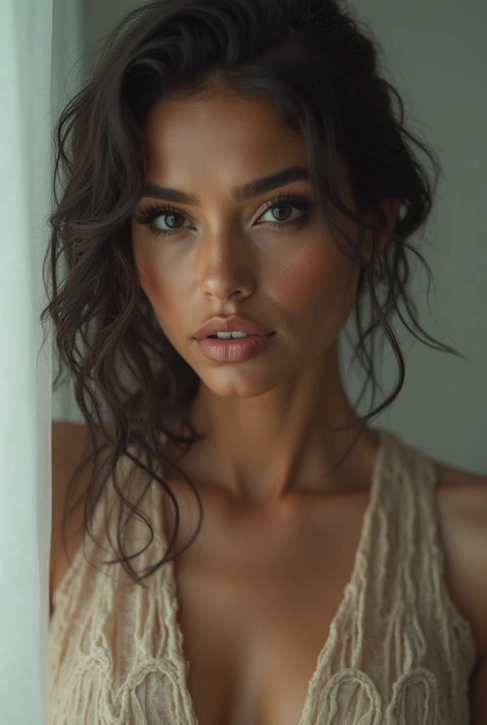 beautiful tanned girl in black long highlighted hair in ponytail, beautiful face, beautiful breasts, high quality, high resolution, gloss lipstick, seductive pose, blue eyes, sexy dress, realistic photo
