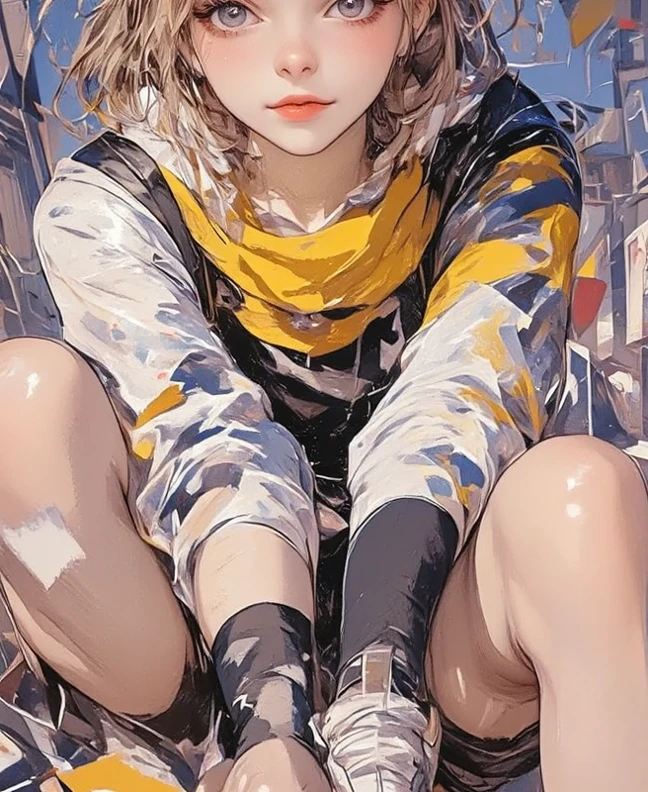 masterpiece,High resolution,Streaks of Light,lightning,intense thunder,thunderbolt,Yellow thunder,girl,blonde,ponytail,blue eyes,futuristic design headphones,Light blue headphones,yellow jacket,Light blue inner,sit,Black High Knee Socks,Absolute area,pale yellow sky