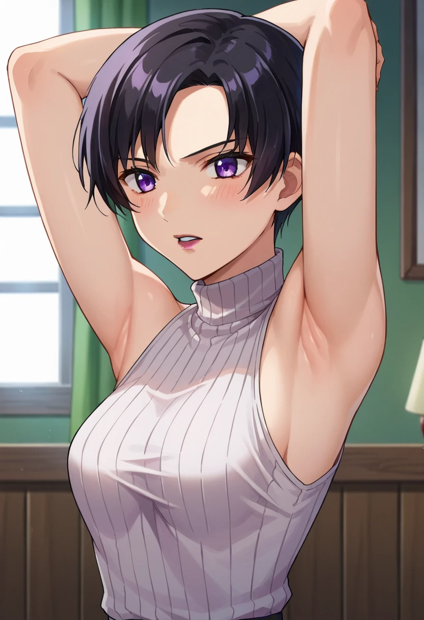 a beautiful anime girl with short dark red hair and black eyes:1.4, wearing glasses and an open bangs middle hair bangs part, with a shy smile looking at the viewer, in a realistic CG anime style. She has a perfect, busty body wearing fashionable lingerie, a short jeans, and a diamond necklace with hoop earrings. The image is in a bright color palette with a dynamic angle, high quality, ultra-detailed, photorealistic, with depth of field and fine textures. It also features super detailed, sweaty armpits in a close-up view. 2 man sniff her armpits