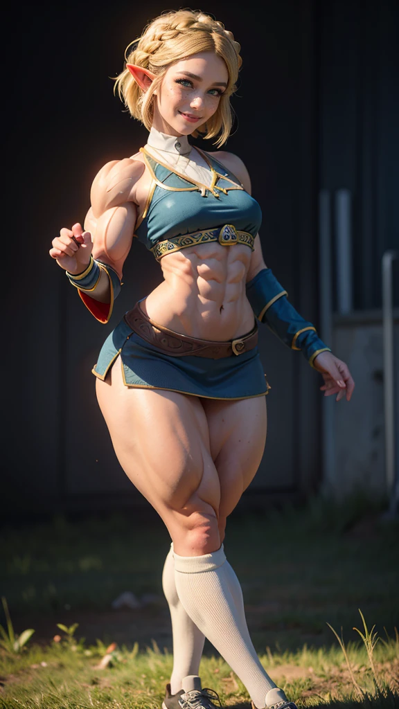 (Muscular:2.5), (thick thighs:2.5),
princess_zelda_aiwaifu, (pointy ears), braid, hair ornament, hairclip, fingerless gloves, blue shirt, (halter top), long sleeves, crown braid, (blunt bangs:1.5), green eyes, sidelocks, thick eyebrows, (black pants, tight pants:1.4), (big smile:1.3), (long blonde hair:1.3),
hard nipples, large breasts,
eyeshadow, lipstick, (midriff, abs),
looking at viewer, kneeling on the grass, three quarter view,
rim lighting, detailed skin, detailed eyes, grassy field