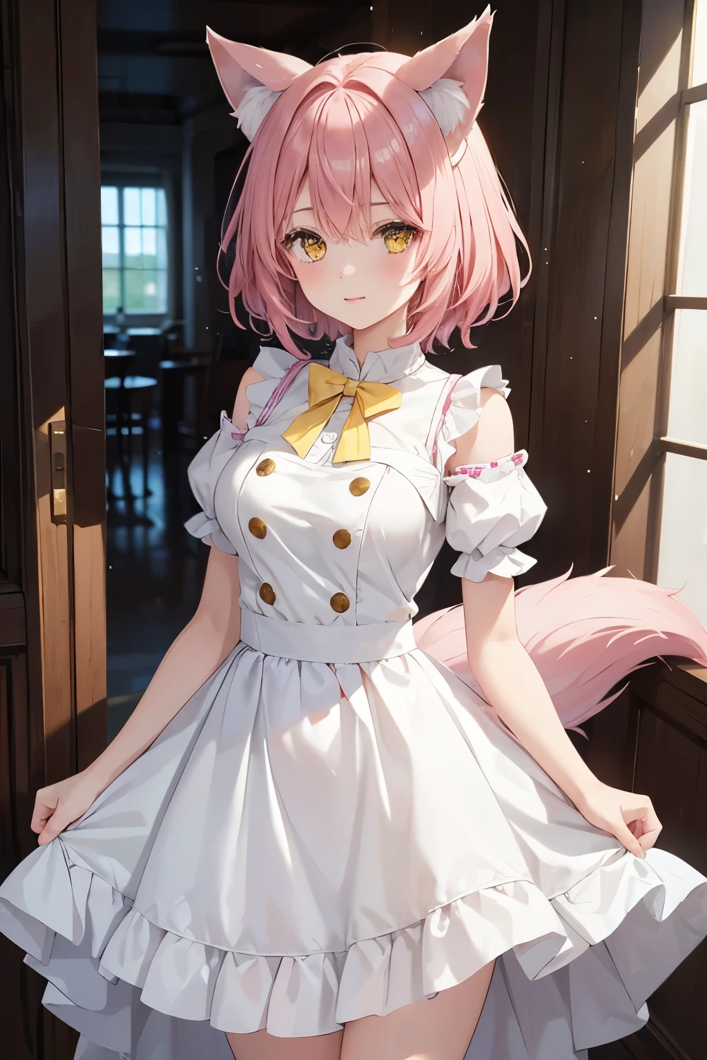  Masterpiece, highest quality, 8K, 1 girl,  girl, standing, pink wavy hair, wolf ears, wolf tail, semi-short hair, yellow eyes, white dress, (medium bust)
