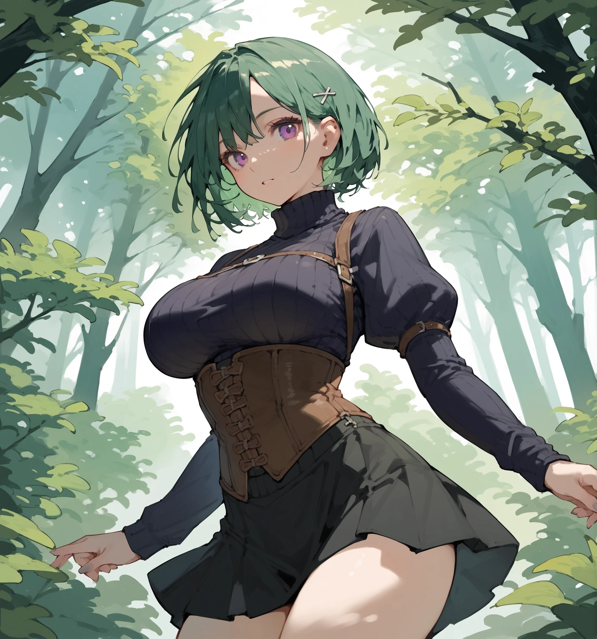 1girl, large breasts, green hair, purple eyes, black turtleneck, corset, short skirt, stading in a forest, looking at the  viewer