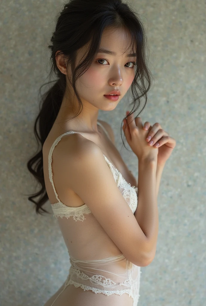highest quality, RAW Photos, Realistic, face, Incredibly ridiculously beautiful girl, cute, Long Hair, Depth of written boundary, High resolution, Super detailed, detailed, Very detaileded, extremely detaileded eye and face, Sharp pupils, Realistic students, Sharp focus, Cinema Lighting, flat breasts, small breasts, small,( small bust: 1.2), small bust, (slim, small, flat, small), thin, Delicate and sexy collarbone, (White shirt:1.2), (Lifting ワイシャツ to show off a small white bra:1.5)))、