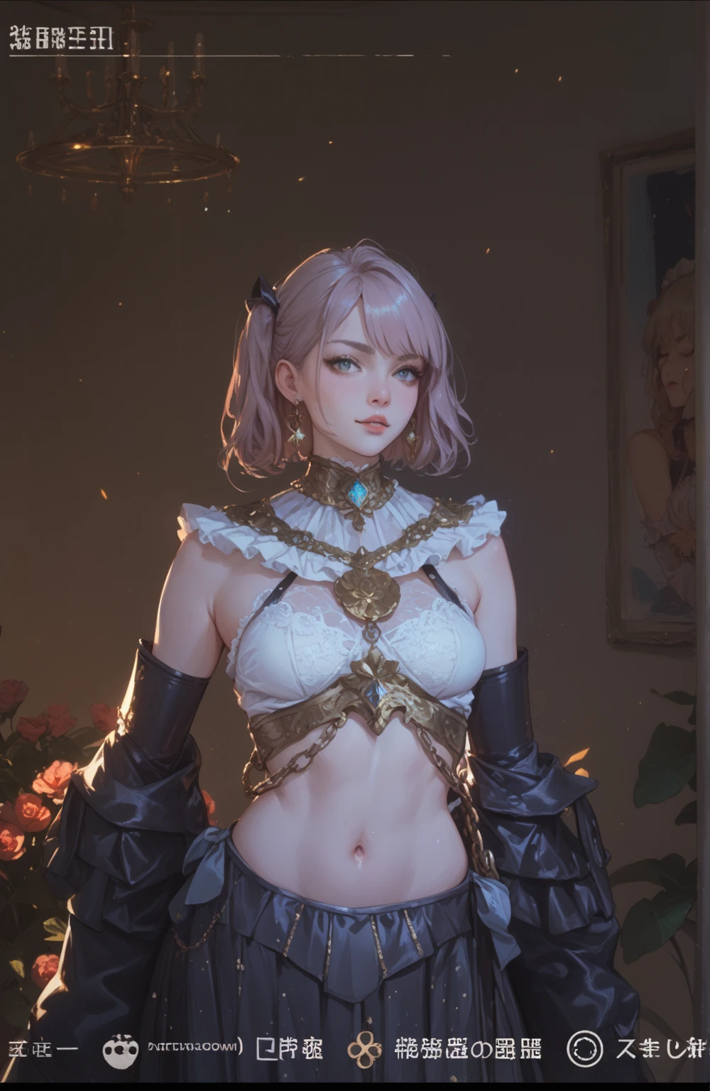 (( (tmasterpiece),(Very detailed CG Unity 8K wallpaper),(bustshot:1.5), best qualtiy,cinmatic lighting,Photorealsitic, 细致背景,Beautifully detailed right pupil,(Very fine and beautiful),(Beautiful and detailed eyes description),ultra - detailed,tmasterpiece,hight resolution)), ((Dressed in insanely sexy bikini armor:1.4)), Rose gold armor, Richly decorated armor, a beautiful woman warrior, Shorthair, Platinum Blonde Hair, cleavage of the breast