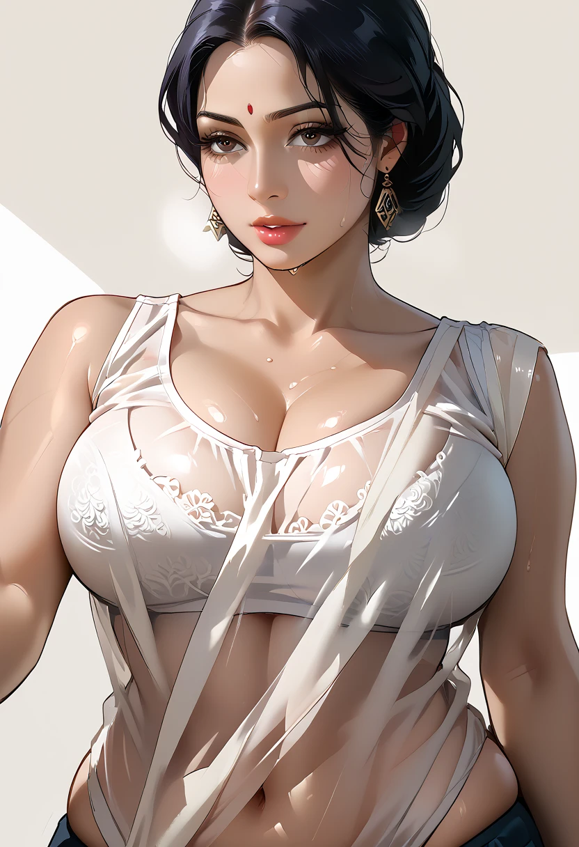 (Nude), beautiful milf, aunty, flawless face, flawless skin, big breasts, cleavage, saggy breasts, heavy breasts, black hair, short updo hairstyle, white dress, square necklace, square earrings, lusty, face, serious face, sultry, rich, luxurious, bossy, face in frame, close up, facing viewer, looking at viewer