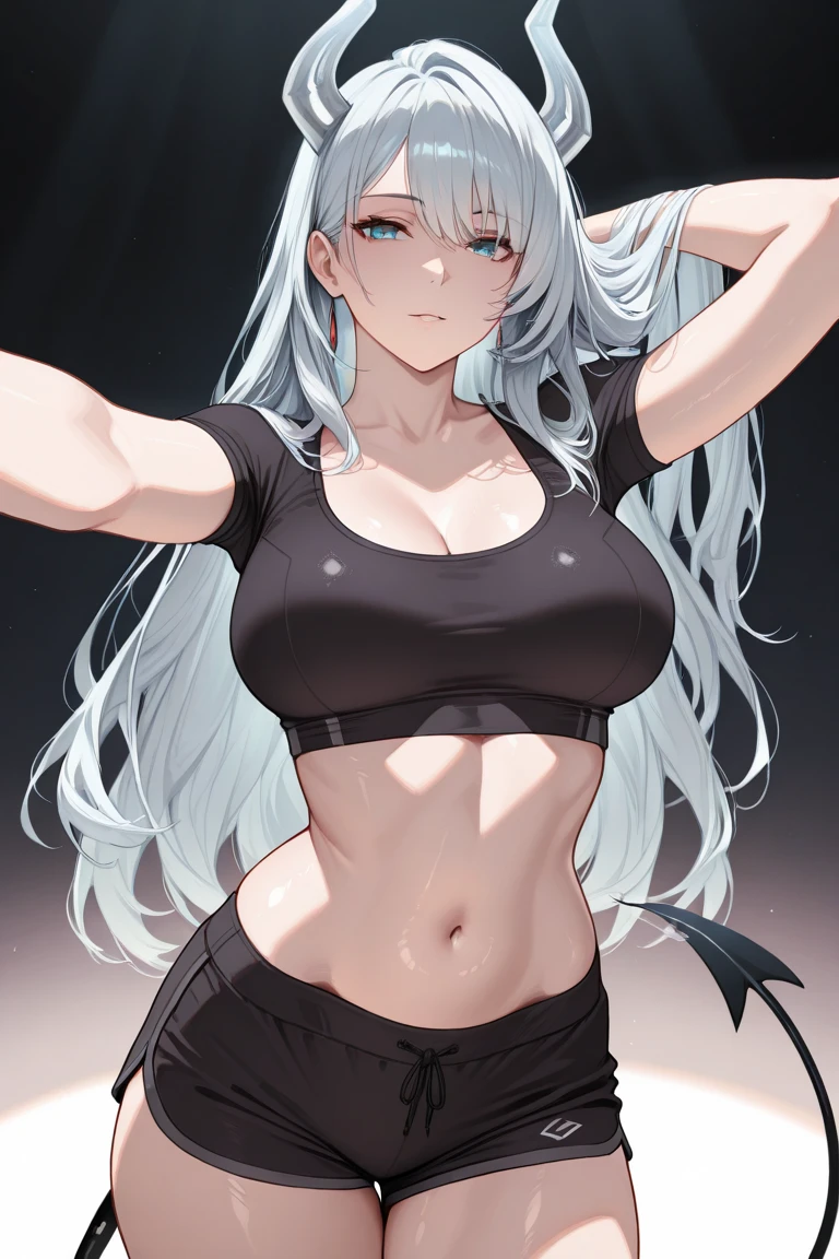Girls, Bangs, Bare Shoulders, Black Pants, Breasts, Breasts squeezed together, Grey background, Hair between the eyes, Huge breasts, Long hair, View Viewer, Pants, Parted lips, Red eyes, Shirt, Simple background, Sleeveless, Sleeveless shirt, Solo, Turtleneck, V arm, White hair,(Shiny skin),(Masterpiece:1.4),(Best quality:1.4),,Facigirl,Red lips,Perfect abs, belly button, (nipple: 1.5), (sheer areola), nipple, huge, sweat,