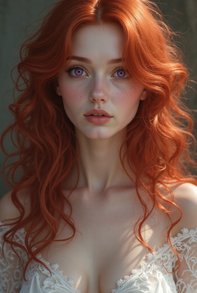A white girl with wavy hair, her hair color is red and she has green eyes, with your breasts out