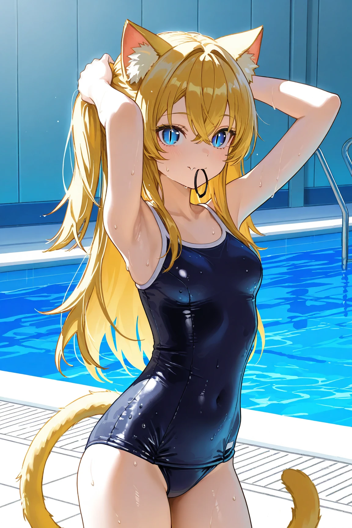 Golden long pony tail girl golden eyes golden cat ears 2 golden cat tails wearing golden swimsuit
