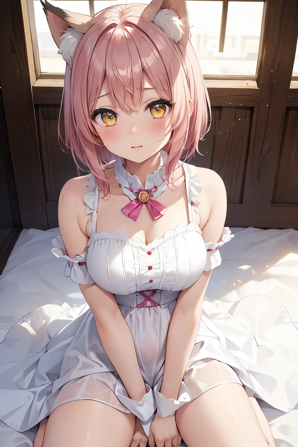 Masterpiece, Best Quality, 8K, 1 girl, girl, Standing, Pink wavy hair, Semi-short hair, Yellow eyes, (Medium bust), Wolf ears, Wolf tail, Sitting, (open legs:1.3), White dress, White panties, Cameltoe, Confused, (Blushing)