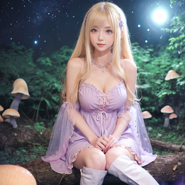 ((Psychedelic)) (soft focus lens) (Best Quality) Woman with Straight blond hair with black roots that is parted down the center, thing dark eyebrows,(dark brown eyes), light soft skin, subtle smile, (trippy) sitting on a mushroom, surrounded by a ring of Magic mushrooms, (prismatic light rays)(Vibrant colors) swirls of prismatic light flowing around woman, Red with white dot mushrooms in woman's hands, (HDR) 4K, 8K, hallucination, Acid trip, mushroom trip.